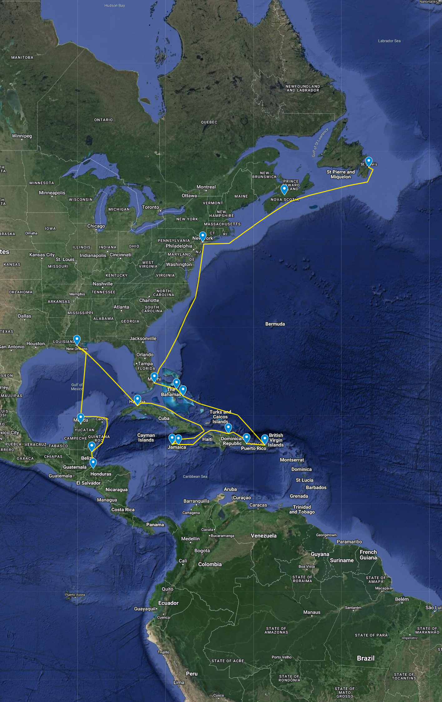 1. North America and Carribean Islands route map