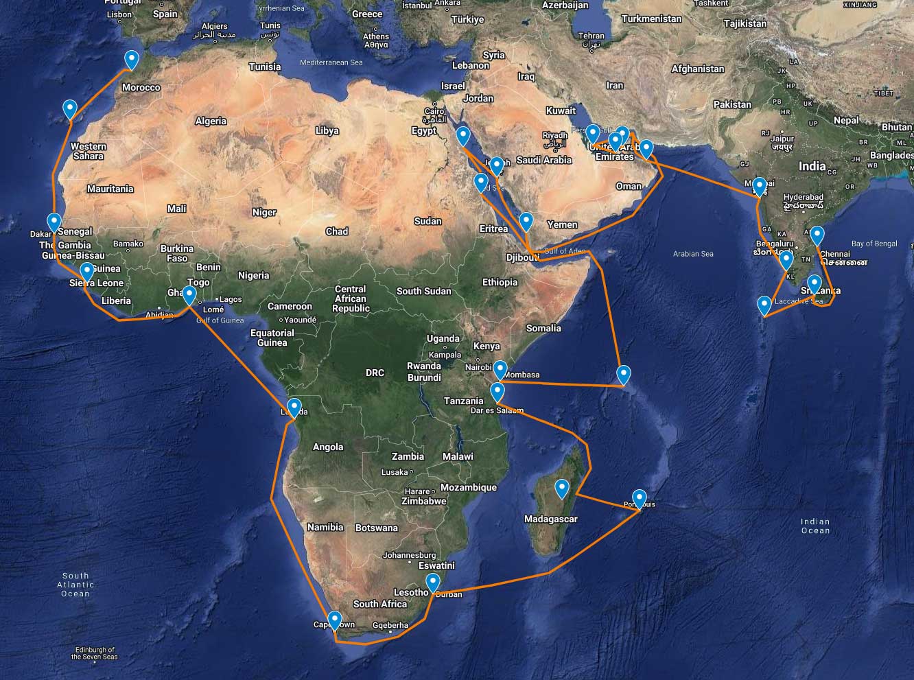 Indian Ocean and Africa Route Map